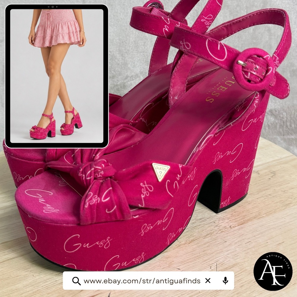 Guess Gerachel Hot Pink Logo Platform Sandals Knotted Bow Block Heels Womens 9M